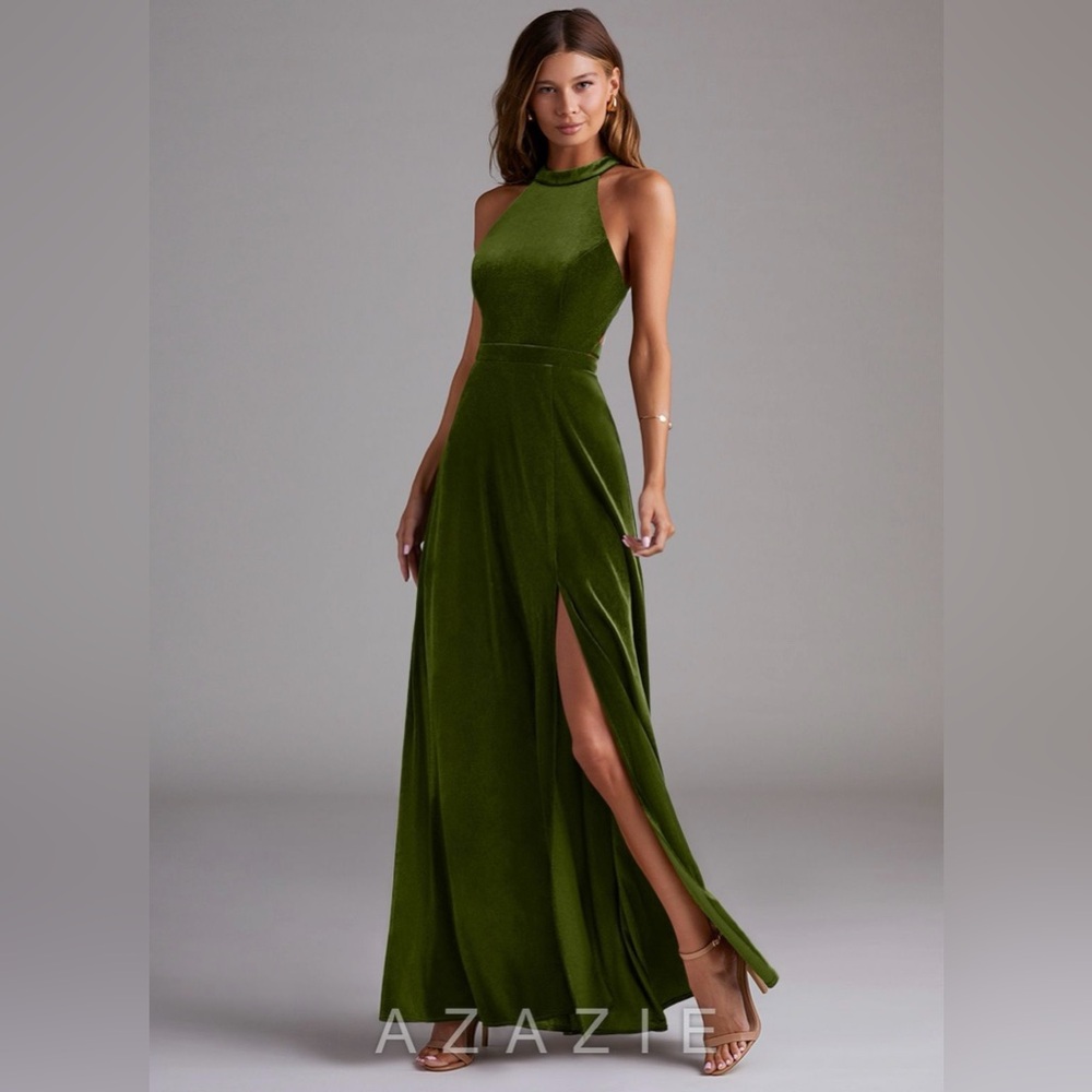 NEW + NEVER WORN Azazie Olive Green Velvet Bridesmaid Dress